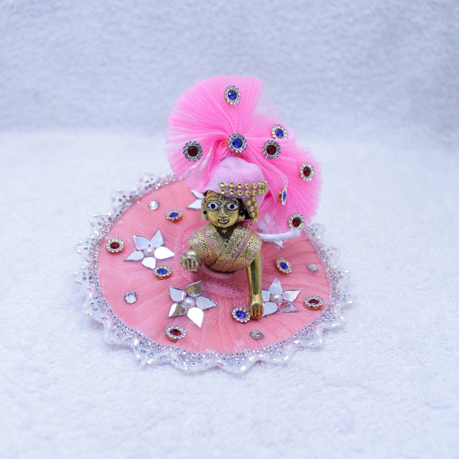 Handcrafted Laddu Gopal Idol with Peach Pink Designer Poshak (Crystal Mirror Royal Edition)