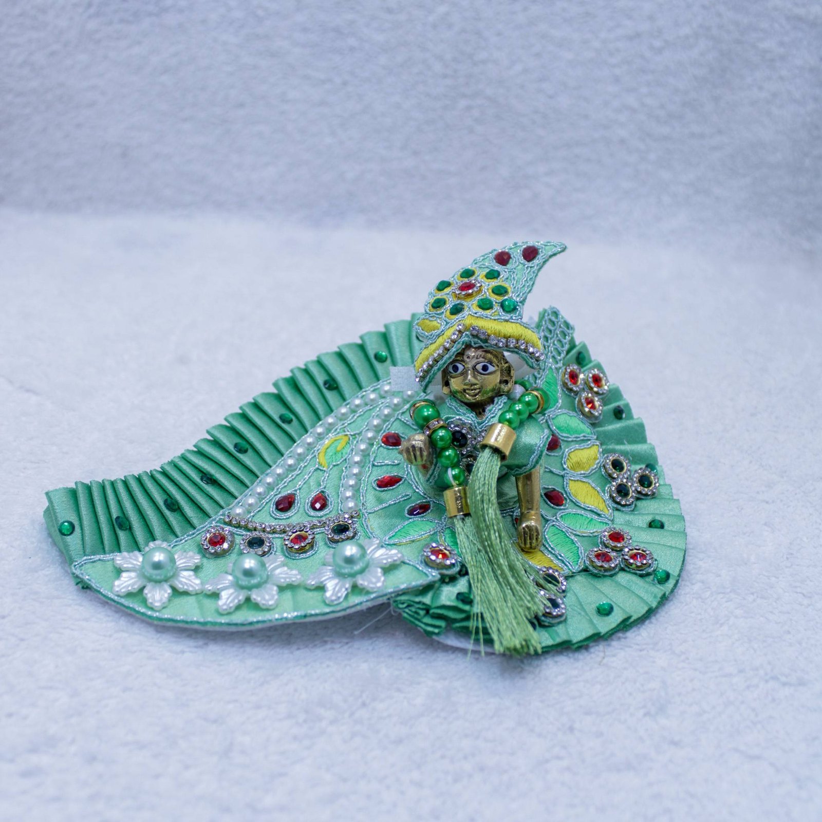 Handcrafted Laddu Gopal Idol with Green Designer Poshak (Traditional Pearl Royal Edition)