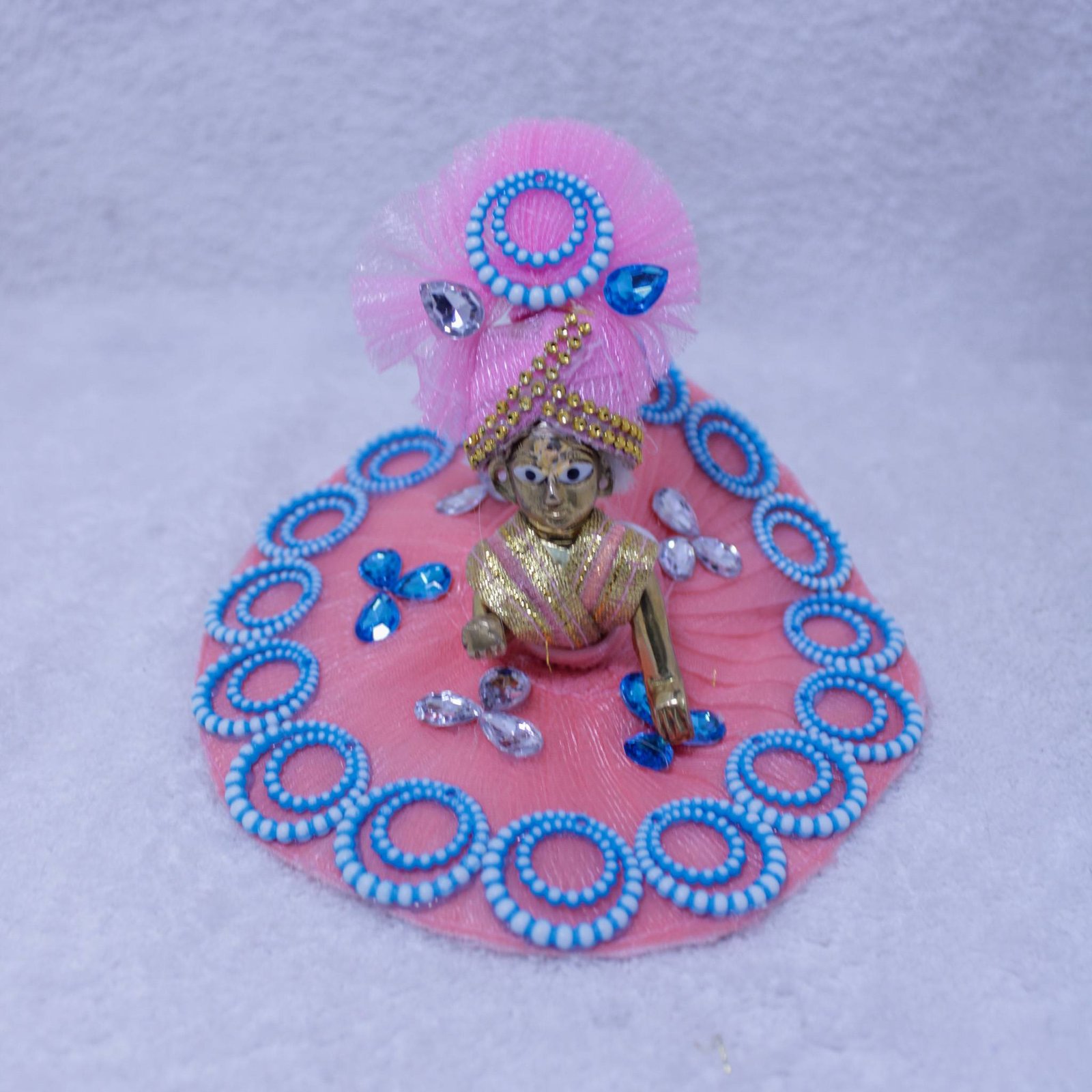 Handcrafted Laddu Gopal Idol with Baby Pink Designer Poshak (Sky Blue Crystal Edition)